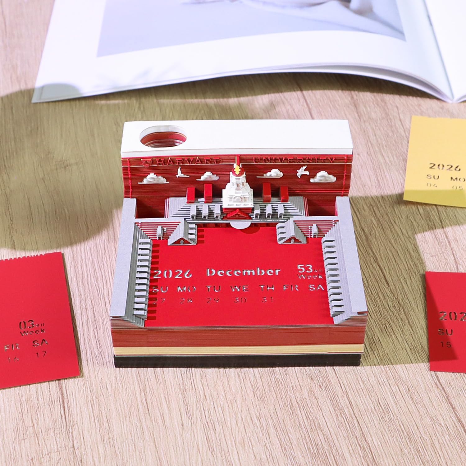 3D Art Calendar Memo Pad 2026,Time Piece Calendar 3D Harvard University Creative Rip Away Calendar Paper Carving Note