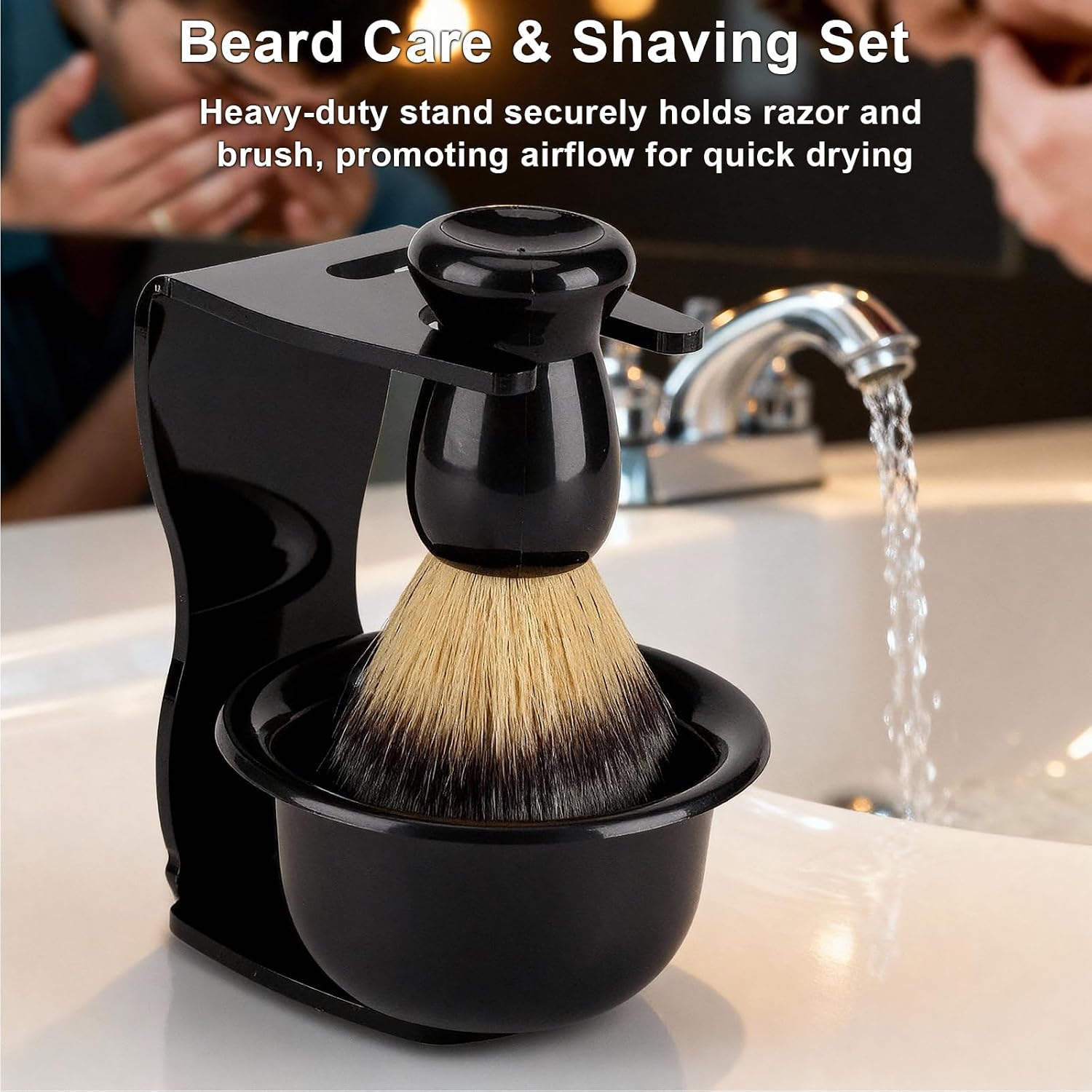 3 Pcs Black Shaving Brush Stand, Razor Stand and Shave Brush Stand Set, Bathroom Shaving Accessory Organizer for Wet Shaving Durable Design for Men