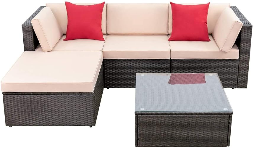 Devoko 5 Pieces Patio Furniture Sets All Weather Outdoor Sectional Patio Sofa Manual Weaving Wicker Rattan Patio Seating Sofas with Cushion and Glass Table(Beige) - Beige - 5 Pieces set