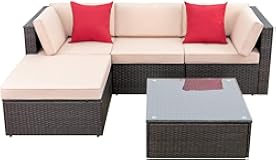 Devoko 5 Pieces Patio Furniture Sets All Weather Outdoor Sectional Patio Sofa Manual Weaving Wicker Rattan Patio Seating Sofas with Cushion and Glass Table&lpar;Beige&rpar;