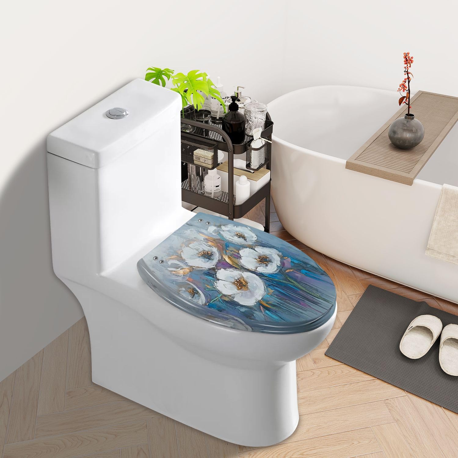 Asiento de inodoro alargado de resina con estampado de cachemir en acuarela para baño.