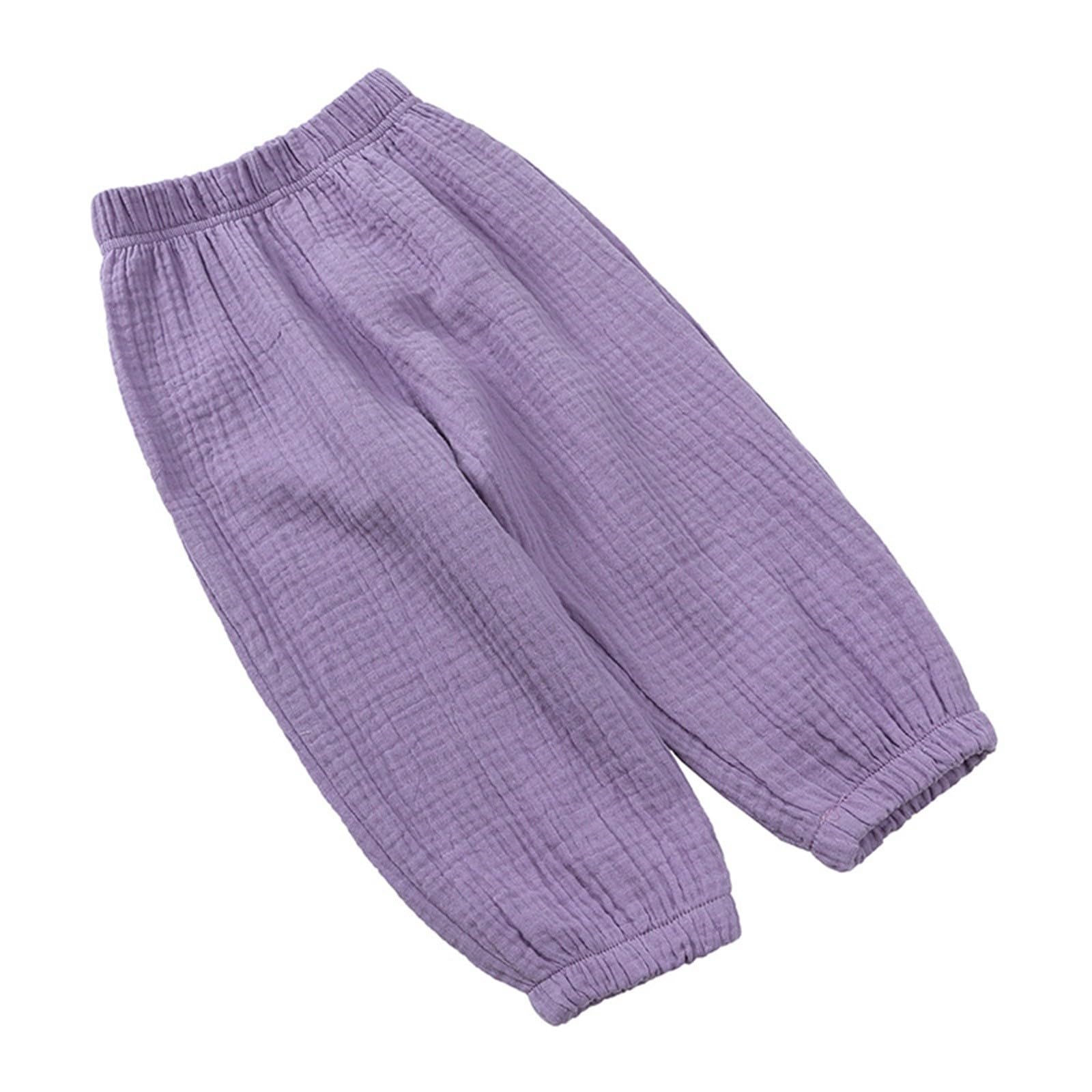 Toddler Baby Girls Casual Basic Plain Soft Trousers Solid Color Cotton Linen Pants Kids Loose (Purple, 6-7 Years)