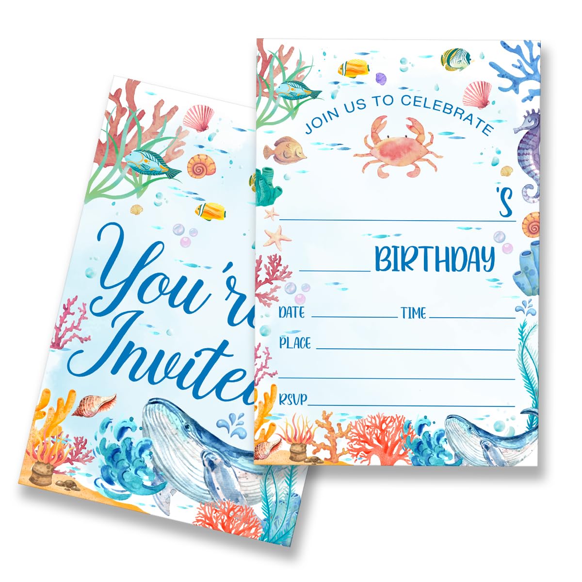 EUDOSI Under the Sea Birthday Party Invitations Supplies Fill-In Set of 20 with Envelopes Whale Crab Sea Life Birthday Party Invites Cards, Double