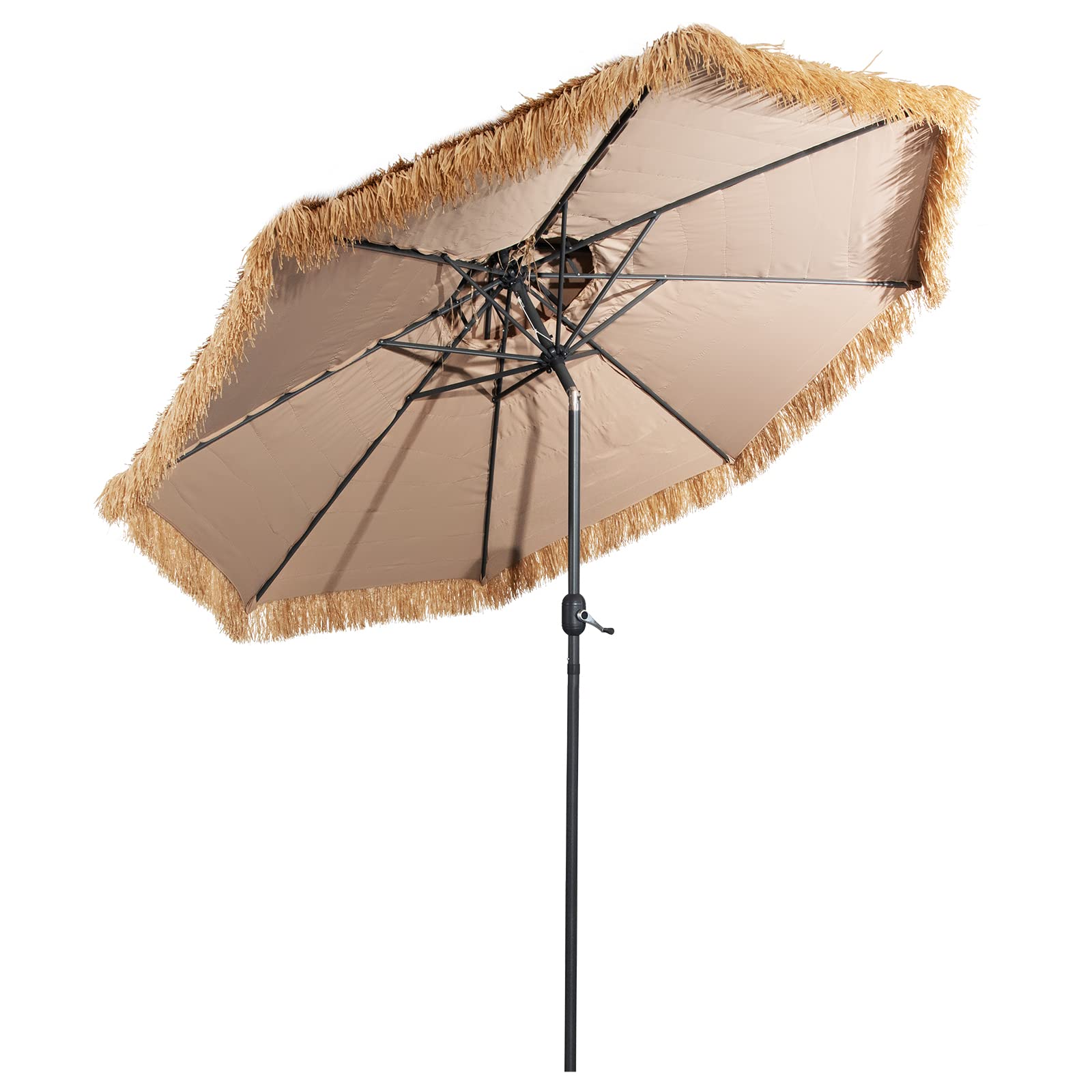 KOMFOTTEU Sombrilla de Playa Ø270/300cm, Sombrilla Hawaiana de Paja de PE, Parasol de Rafia Inclinable con 8 Varillas, Sombrilla con Doble Techo para Jardín, Terreza, Balcón
