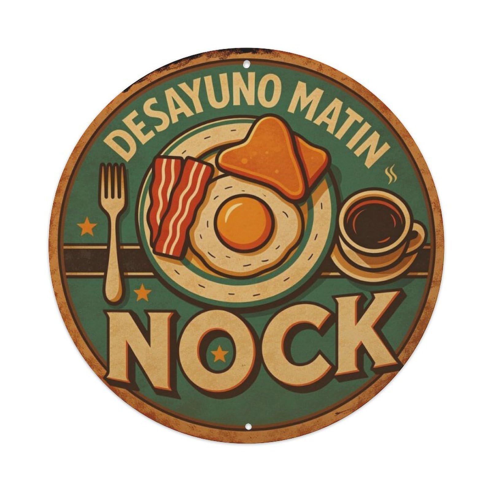 Vintage Spanish Breakfast Bacon Egg Coffee Round Wall Sign Vintage Aluminium Metal Sign, Retro Wall Decor for Home, Bar, Garage & Farmhouse 20x20cm