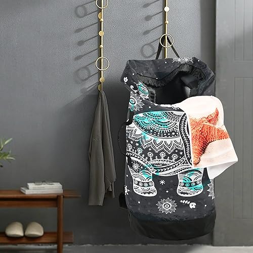 Miniatura 5 de Bolsa de lavandería de elefante, mochila grande y resistente con correas ajustables para el hombro para viajes, organizador de ropa sucia para
