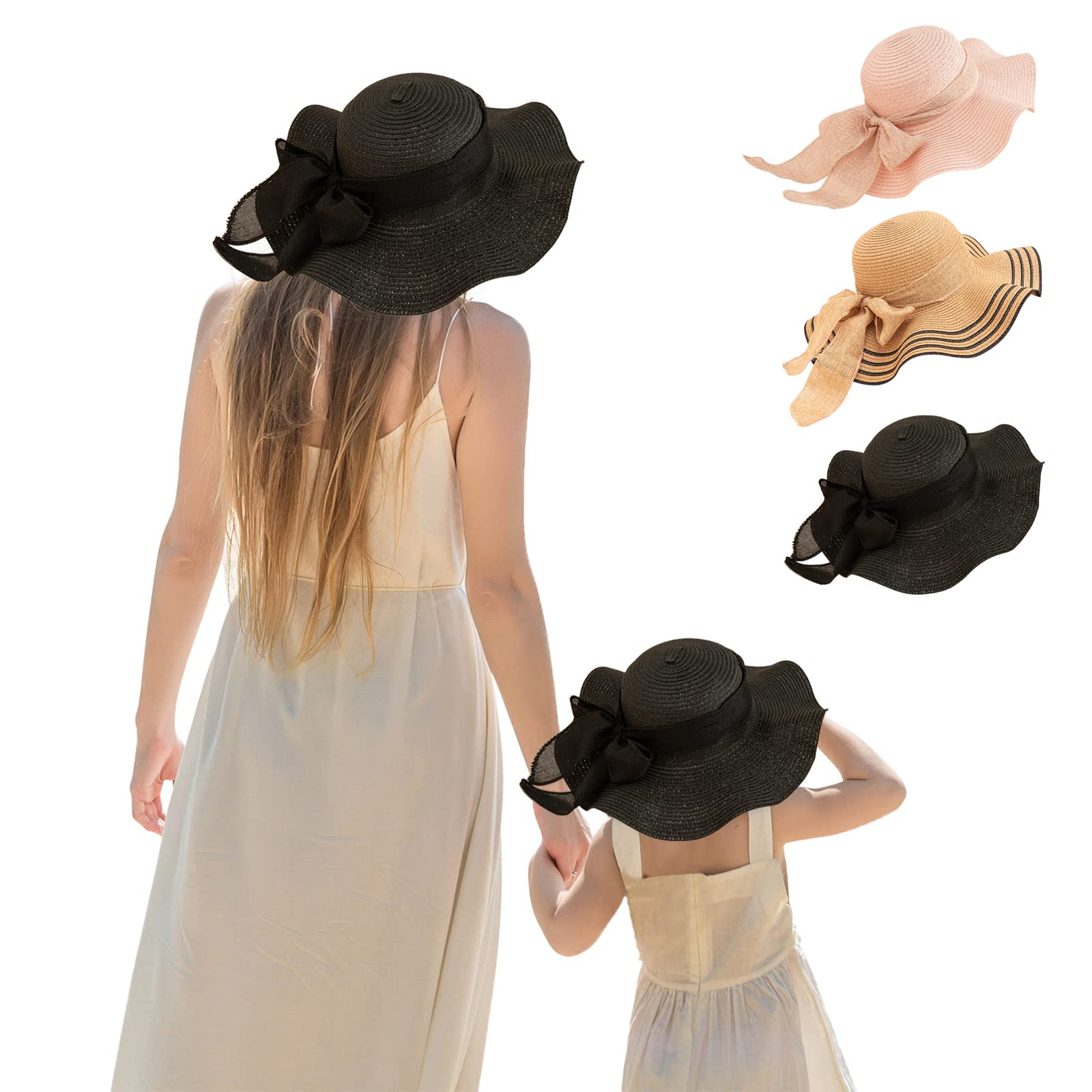 Winmany2 uds Familia a Juego de Verano Playa Sombrero de ala Ancha para Padres e Hijos, Sombrero de Paja con Lazo para Mujeres y niñas