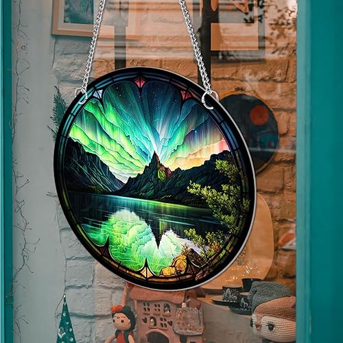 Miniatura 4 de MATIHAY Luces del norte de acrílico manchado para colgar ventanas, arte de pared de aurora boreal, panel acrílico, paisaje de montaña natural, luces