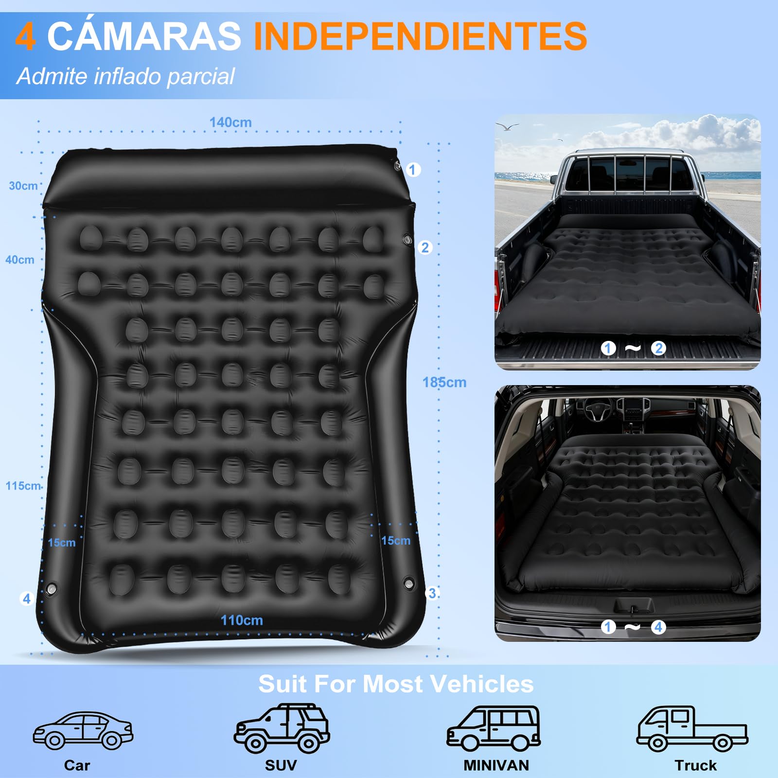 Colchón de Aire para Coche, 185x140cmx20cm SUV Cama Hinchable Coche con Bomba Aire y 2 Almohadas, Colchón Coche Hinchable para Maletero SUV Colchón de Aire Inflable para Viajes y Acampadas (Negro)