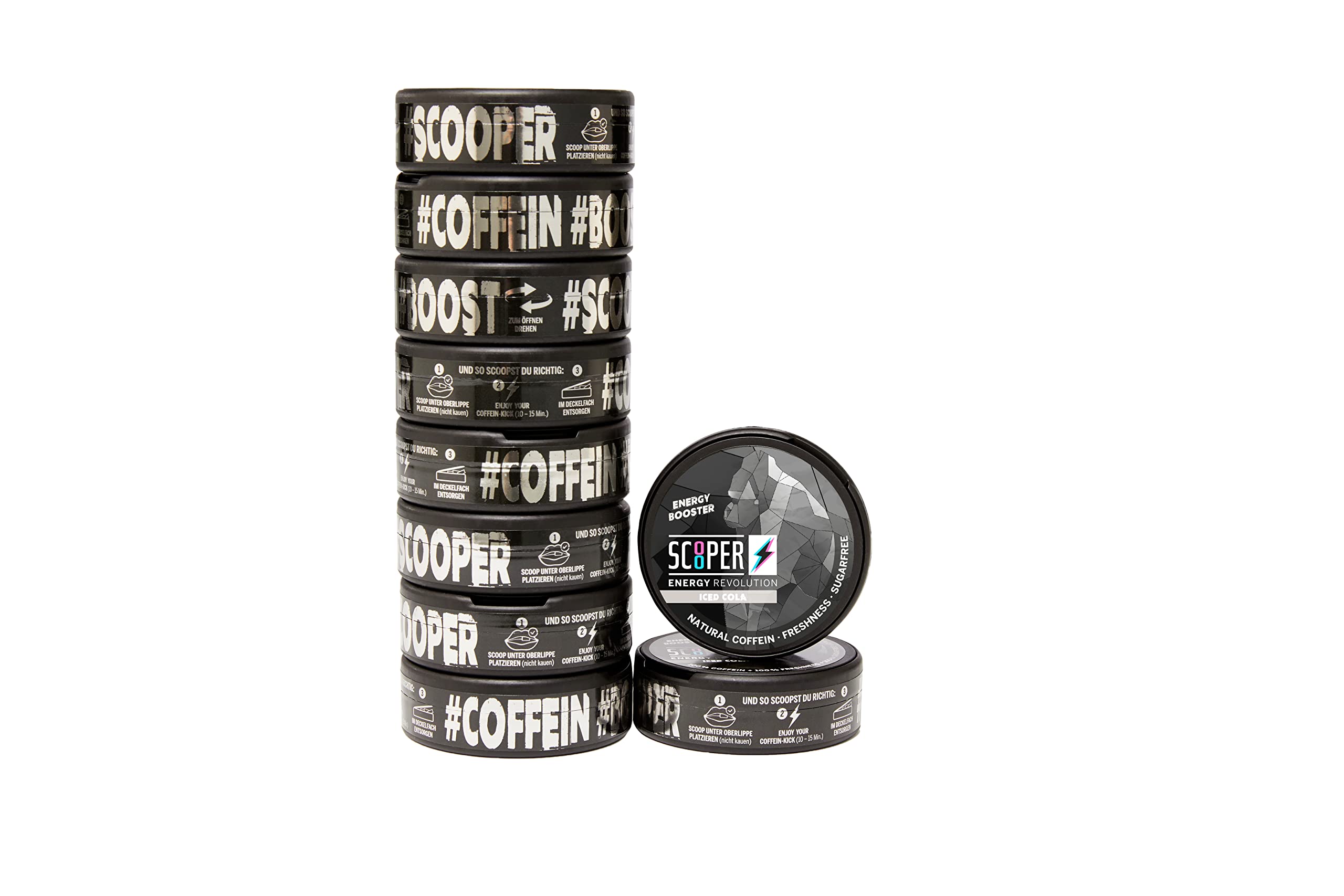 Scooper Energy Pouches Iced Cool Cola– 10 Dosen – 80mg Koffein pro Portion – Nikotinfrei, Zuckerfrei & Vegan – Energy Snus Alternative mit Vitamin B5
