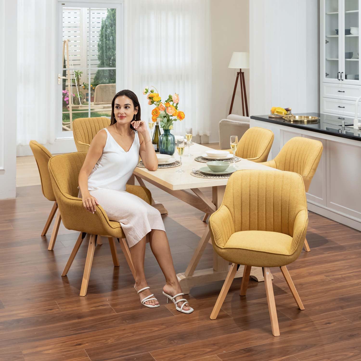 MEUBLE COSY Sedie da Pranzo Girevole a 360° Poltrona da Toelette Imbottite con Schienale e Braccioli per soggiorno cucina ufficio in Tessuto Gambe in Legno, Giallo