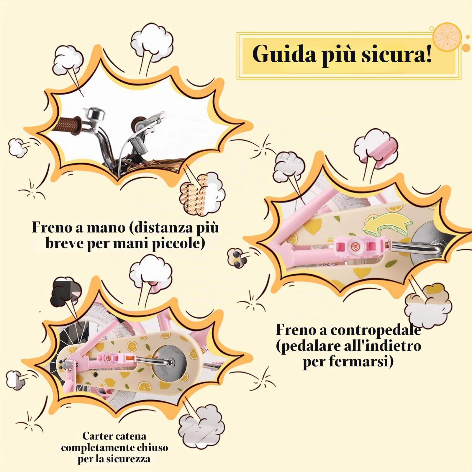 RULLY Fruit Bicicletta per Bambina 12 14 16 Pollici per Età 2-7 Anni, con Rotelle, Bicicletta con Cestino e Seggiolino per Bambola