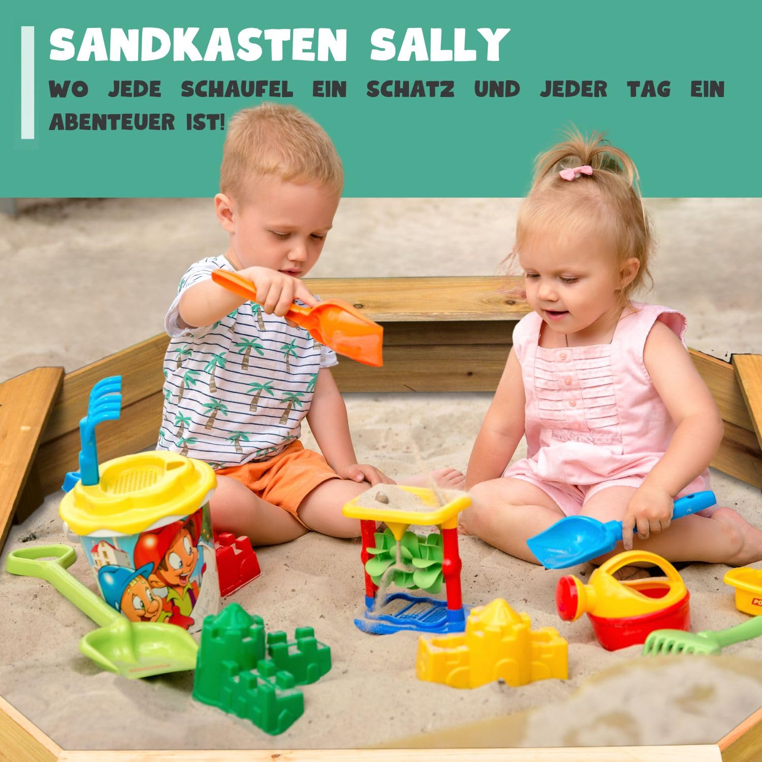 6-eckiger Sandkasten Sally Holz Braun inkl schwarzer Bodenplane 125x125x20 cm Sandkiste 4 Sitzbretter