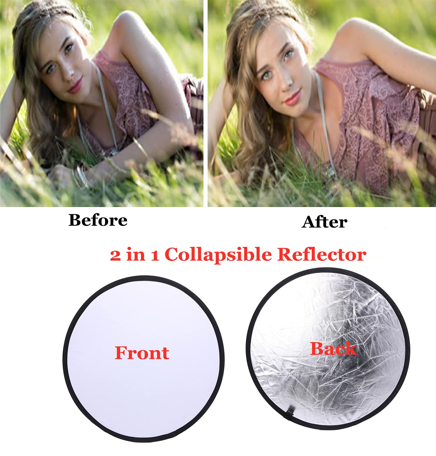 Réflecteur/diffuseur De Lumière Pliable 2 En 1 - 110 Cm Blanc/argenté, Idéal Pour Photo Et Vidéo !