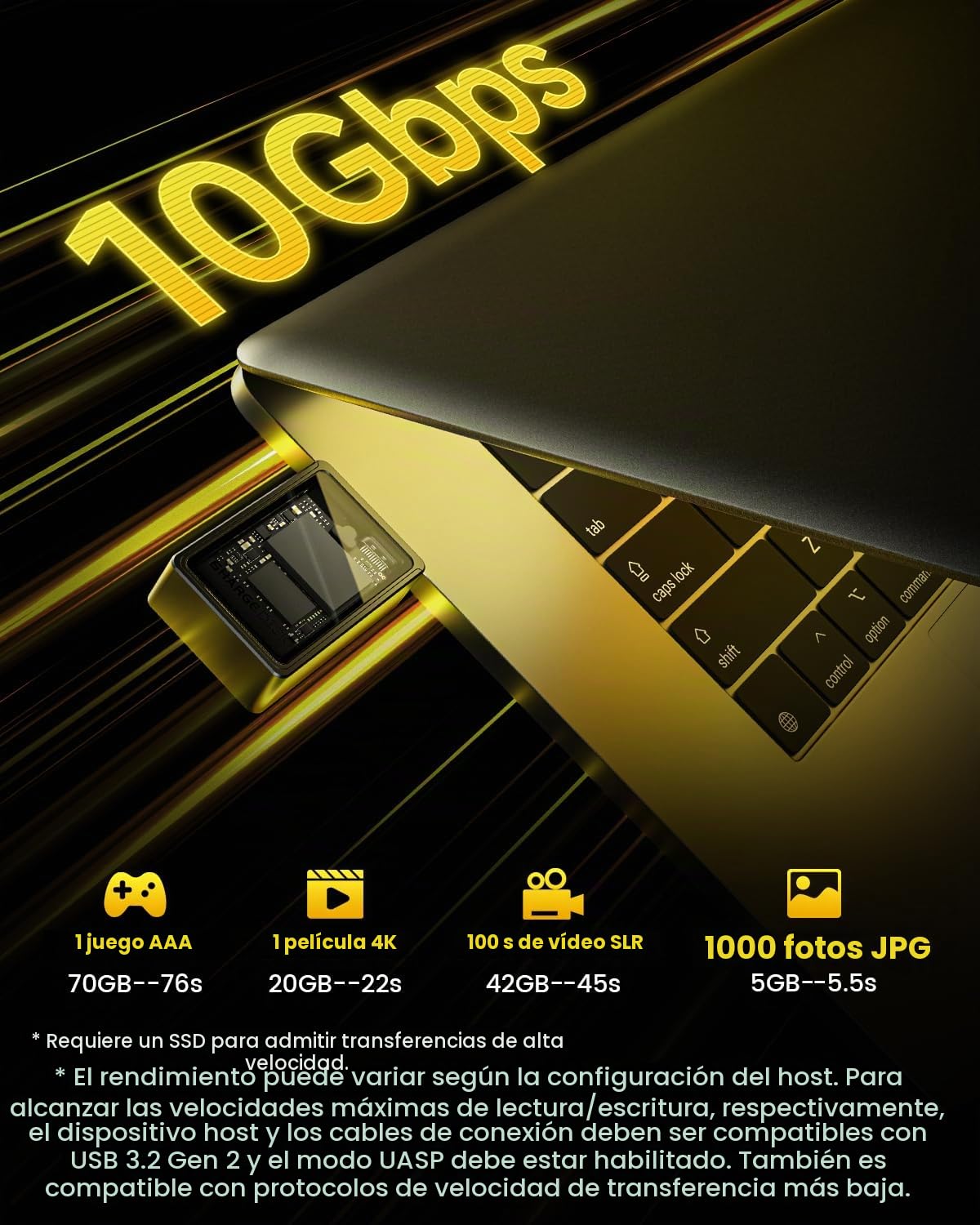 SHARGE Disk M.2 NVMe - Carcasa SSD con Sistema de Refrigeración Activo, USB C 3.2 Gen2 de 10 Gbps, Lector NVMe Compatible con Laves M y SSD Tamaño 2230, Amarillo