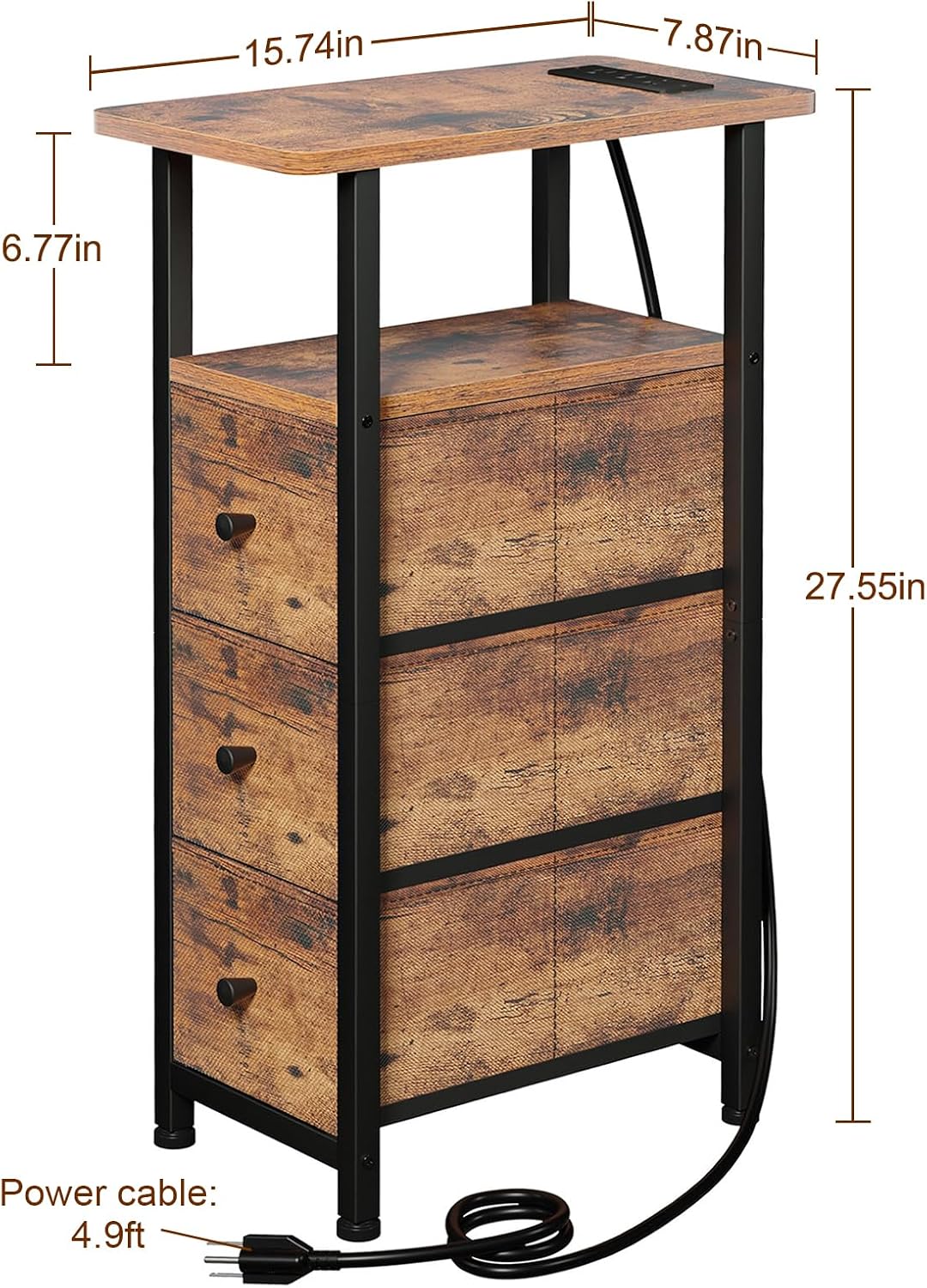 LOAKEKEL Narrow End Table with Charging Station, Small Nightstand image 3