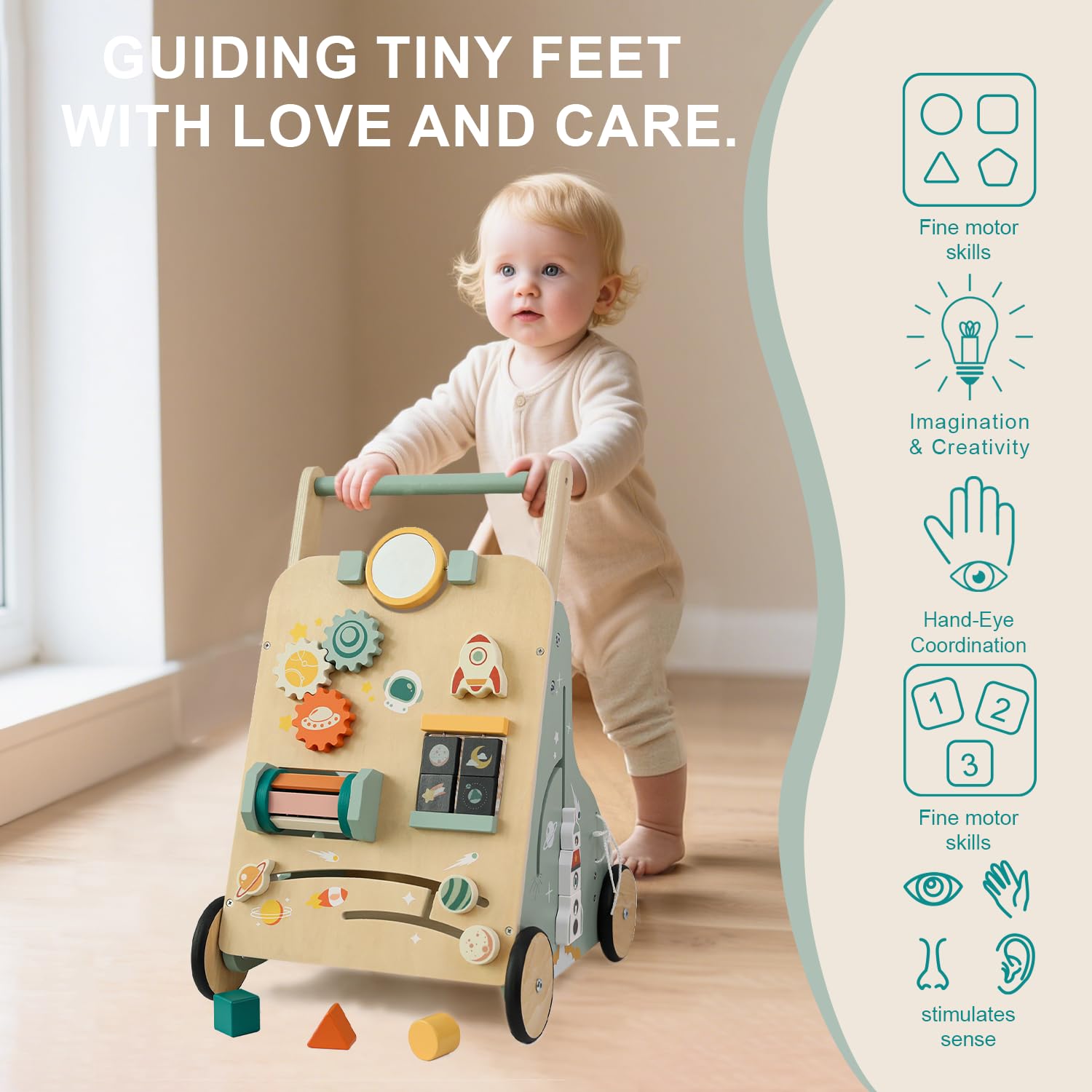 MILEFUN Wooden Baby Walker with Wheels & Activity Center, Walker for Baby boy 6-12 Months, Adjustable Height Baby Push Walker, Baby Walkers for Boys & Girls 1-3 Years Old Learning Montessori Toys