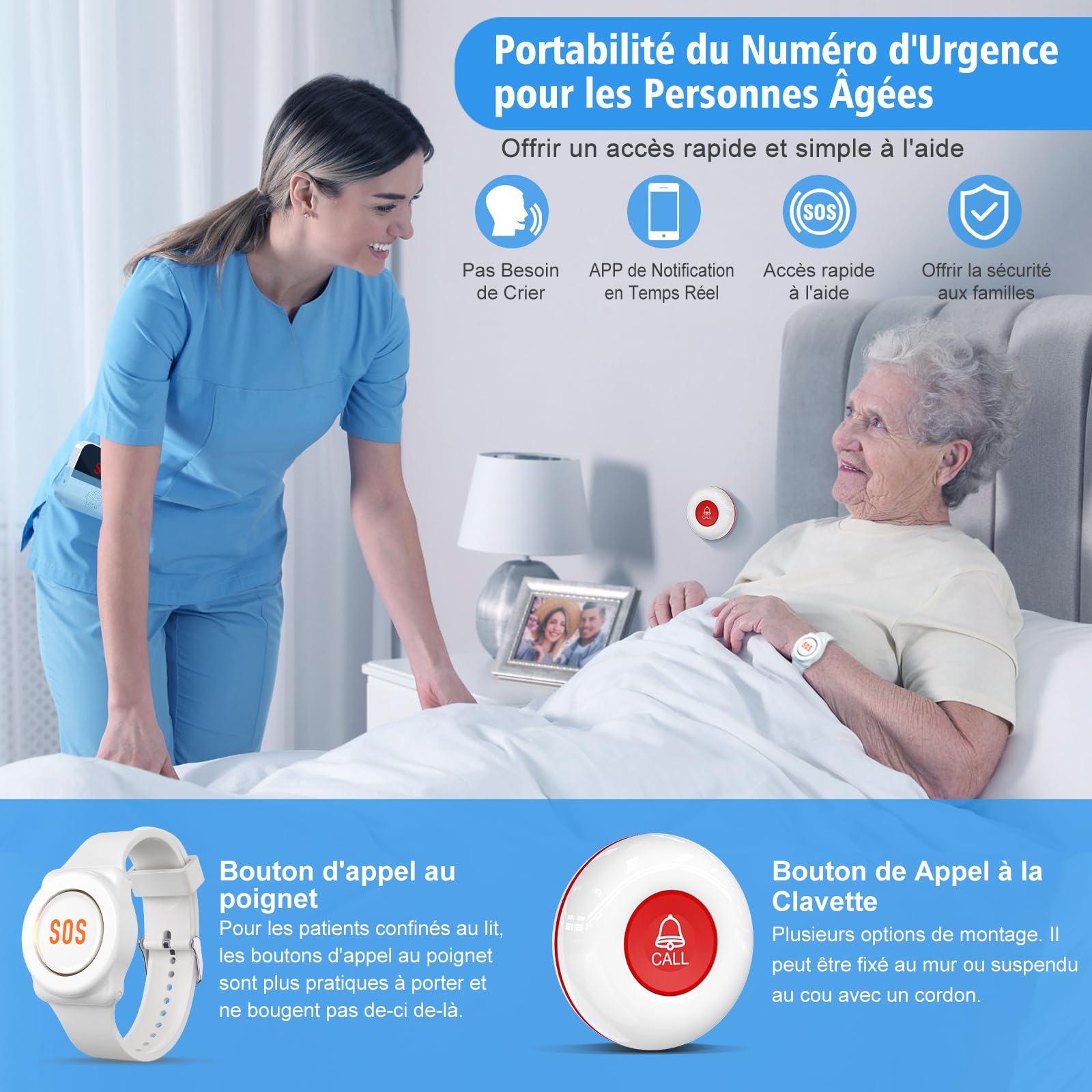 ChunHee Bouton d'appel d'urgence pour Personnes âgées avec WiFi Smart Senior Système d'alerte d'appel d'urgence pour Patients âgés handicapés | Connexion avec smartphone, plusieurs proches peuvent recevoir des notifications, protection IP55 pour la maison