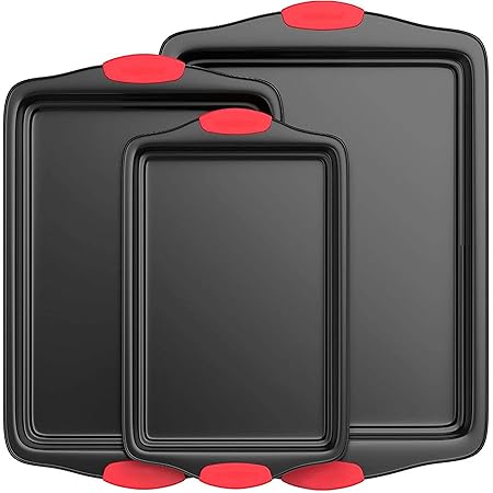 NutriChef Non-Stick Kitchen Oven Baking Pans-Deluxe & Stylish Nonstick Gray Coating Inside & Outside, Commercial Grade Restaurant Quality Metal Bakeware with Red Silicone Handles NCSBS3S, 3 Piece Set