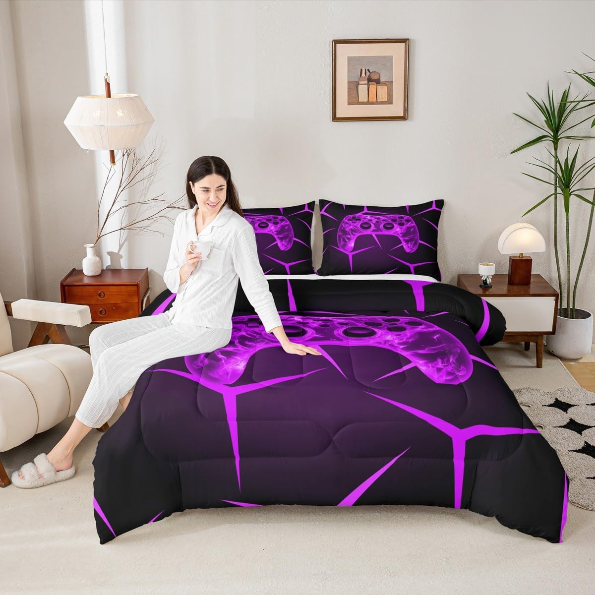 Black Purple Game Controller Bedding Sets Full Size,Stereoscopic Flame Gamepad Print Reversible Down Comforter Breathable Polyester Quilt Set,3D Neon Abstract Art Geometric Duvet Insert,2 Pillowcases