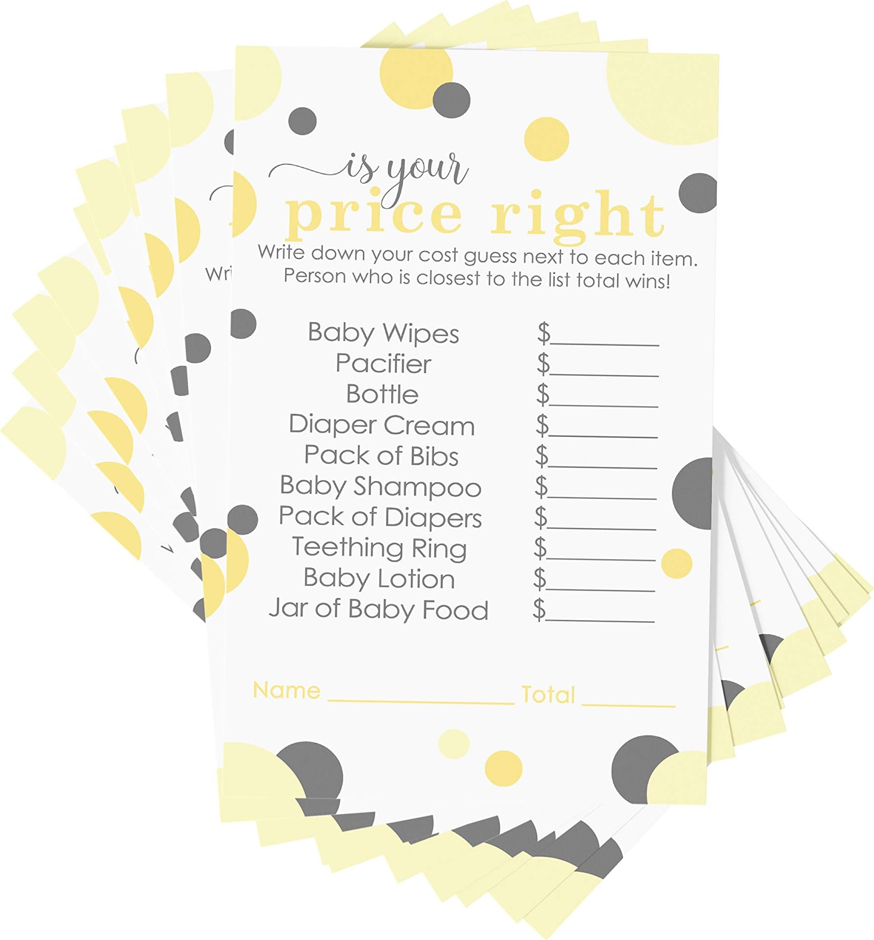Paper Clever Party Yellow and Gray Price is Right Baby Shower Game - Pack of 25