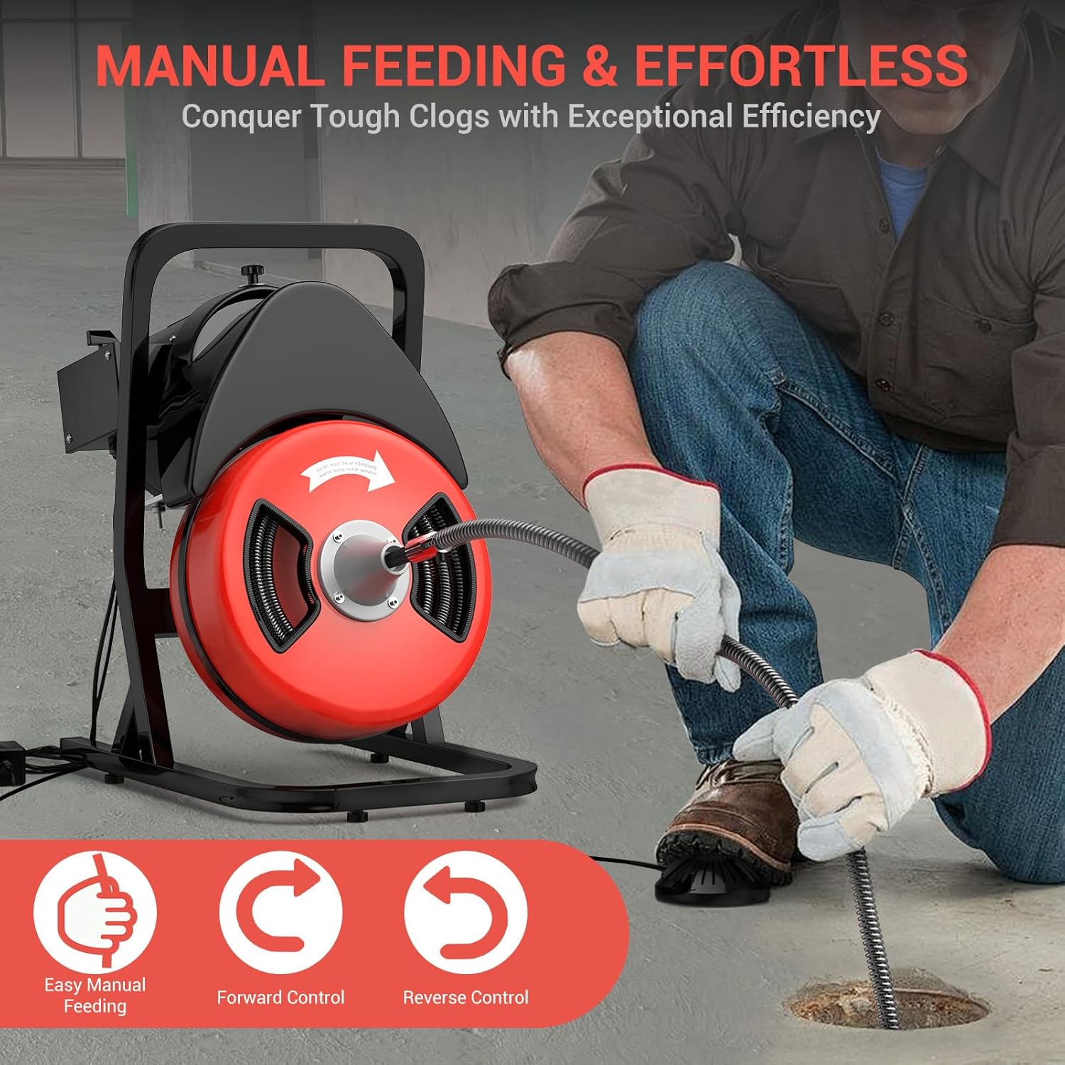50 FT x 1/2 Inch Drain Cleaner Machine, Sewer Snake Electric Cleaning Machine with Wheels for 2" to 4" Pipes, Plumbing Power Augers Cleaner with 6 Cutter and Foot Switch for Sewer, Sink, Toilet