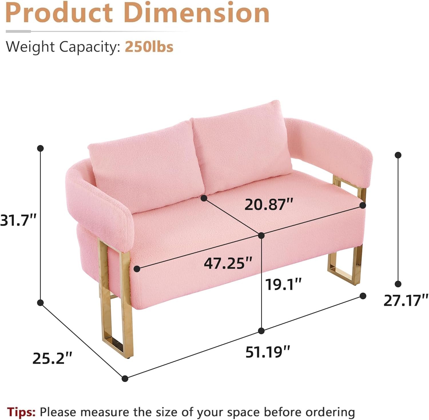 YISHENG Loveseat Sofa Modern Accent Chairs for Living Room with Golden Metal Legs Soft Teddy Upholstered Reading Armchairs no Wheels for Reception Room//Bedroom/Lounge/Office, Pink