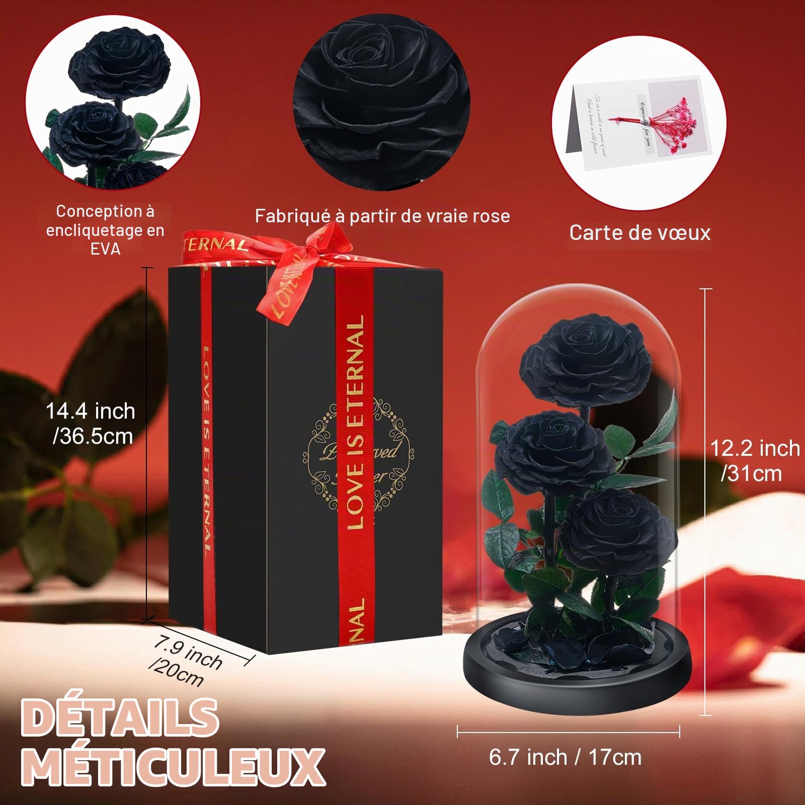Rose Éternelle sous Cloche, Naturelle Fleur Eternelle Cadeau, Idée Boite Rose Eternel, Cadeau pour la Saint-Valentin, Fête des Mères, Noël, Anniversaire, Femme, Copine, Amie, Maman, Grand Mere