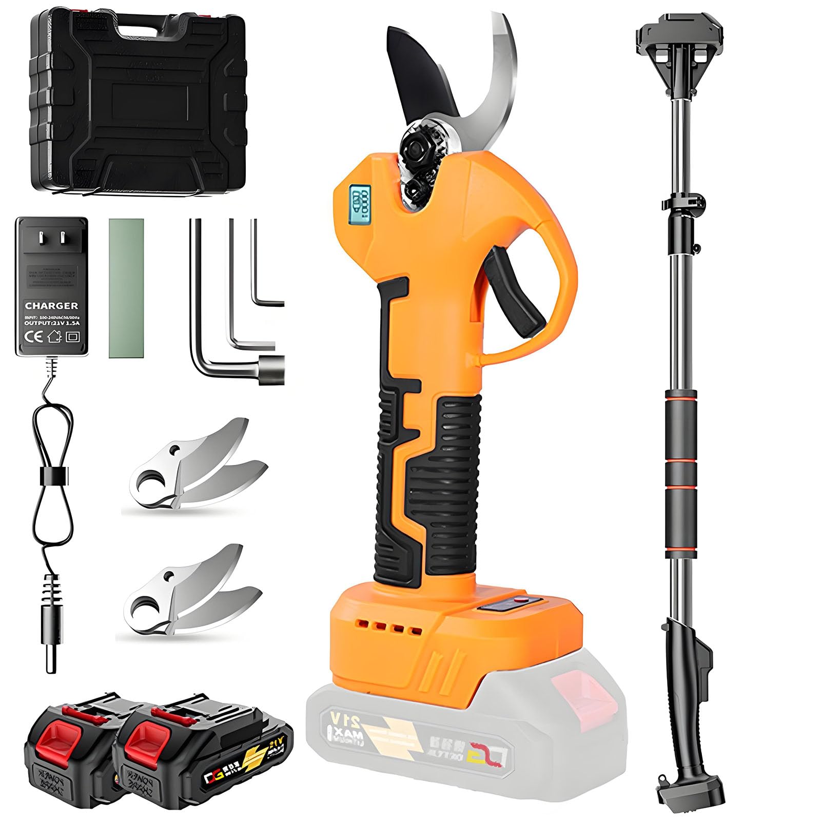 Cizallas De Poda Eléctrica, Secateurs Inalámbricos De Apertura De 30 Mm Y Tijeras De Poda con Una Varilla Telescópica De 1.35-2.15m, Pantalla Led, Impermeable Ipx5, Loppers Sin Escobillas Sk5 para