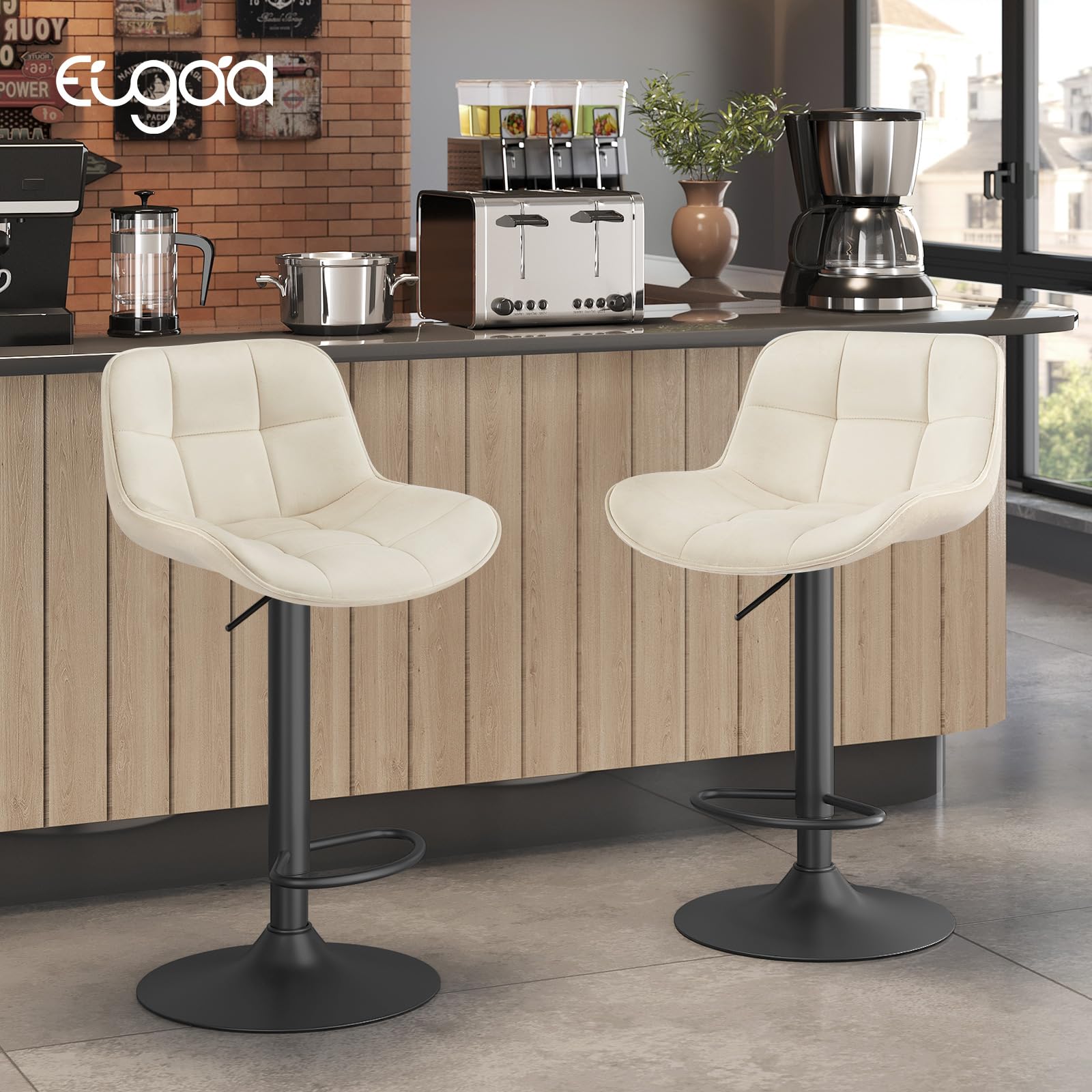 EUGAD Sgabelli Bar Set di 2 con Schienale, Regolabile, Velluto, Crema | Sgabello da Cucina, con Poggiapiedi, Sedia Alta Girevole, con Seduta Imbottita, Altezza Sedile