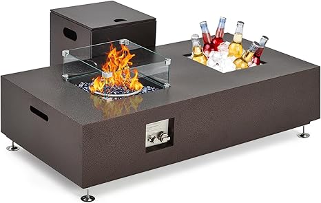 56" Propane Fire Pit Table with Ice Bucket,50000BTU Fire Table with 13" Square Drink Ice Bucket Wind Guard, Fire Glass Beads & CSA Safety Certified Outdoor Firepit for Patio Garden