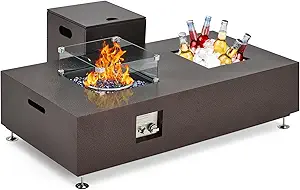 56" Propane Fire Pit Table with Ice Bucket,50000BTU Fire Table with 13" Square Drink Ice Bucket Wind Guard, Fire Glass Beads & CSA Safety Certified Outdoor Firepit for Patio Garden