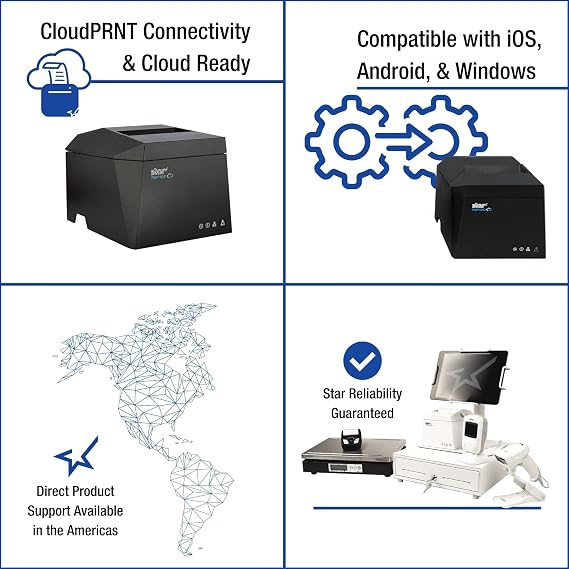 Star Micronics TSP143iV X4 Thermal Receipt Printer - USB-C, Ethernet (LAN), WLAN, Bluetooth, CloudPRNT, Android Open Accessory (AOA), USB Cable Included, Internal Power Supply, Gray