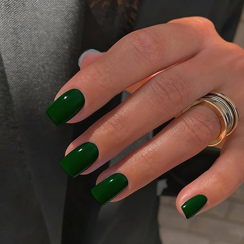 KQueenest Dark Green Press on Nails Short Medium Square Glue