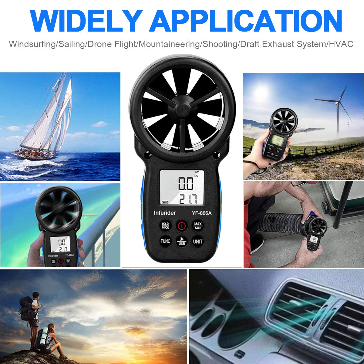 Anemometr, ręczny anemometr YF-866A, cyfrowy miernik prędkości wiatru, pomiar wilgotności z synchronizacją USB, temperatura, prędkość przepływu powietrza HVAC CFM