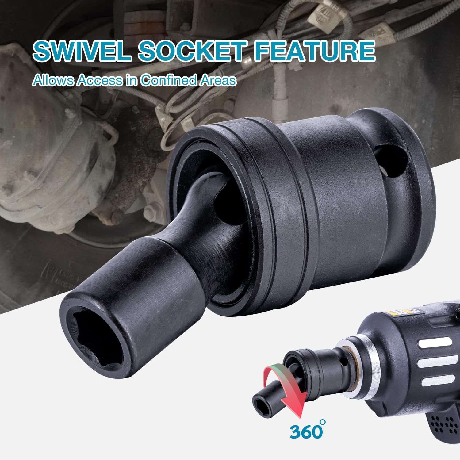 KATSU 3/8" Drive Impact Swivel Socket Set 15PCs Metric 8-22mm 6 Point Wobble Shallow Sockets, Chrome Moly Steel - Image 4