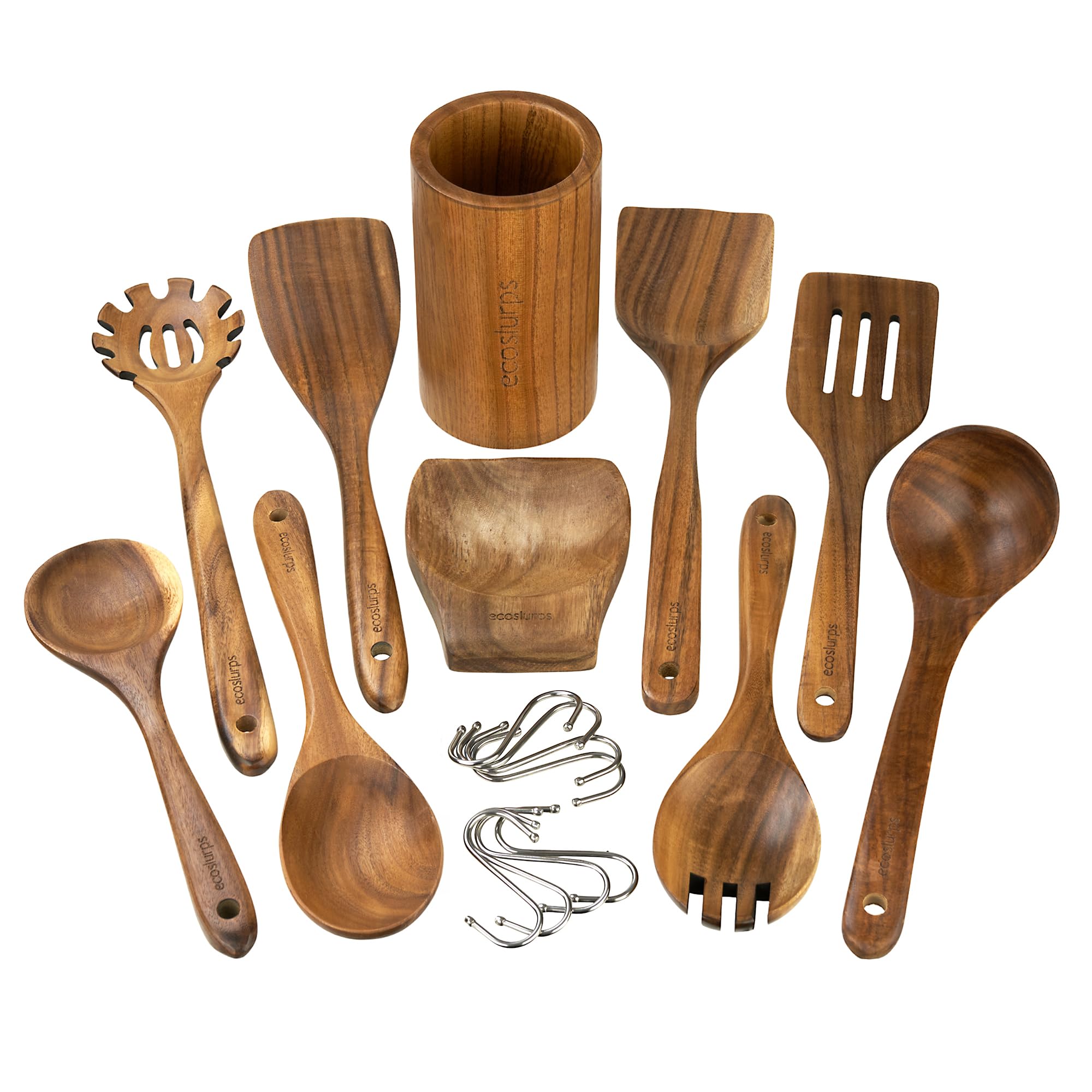 EcoSlurps Premium Teakholz Küchenhelfer Set - 8 Kochutensilien aus Holz, Löffelablage und Aufbewahrungshalter, 8 Haken zum Aufhängen, insgesamt 18-teiliges Luxus-Geschenkset (18)