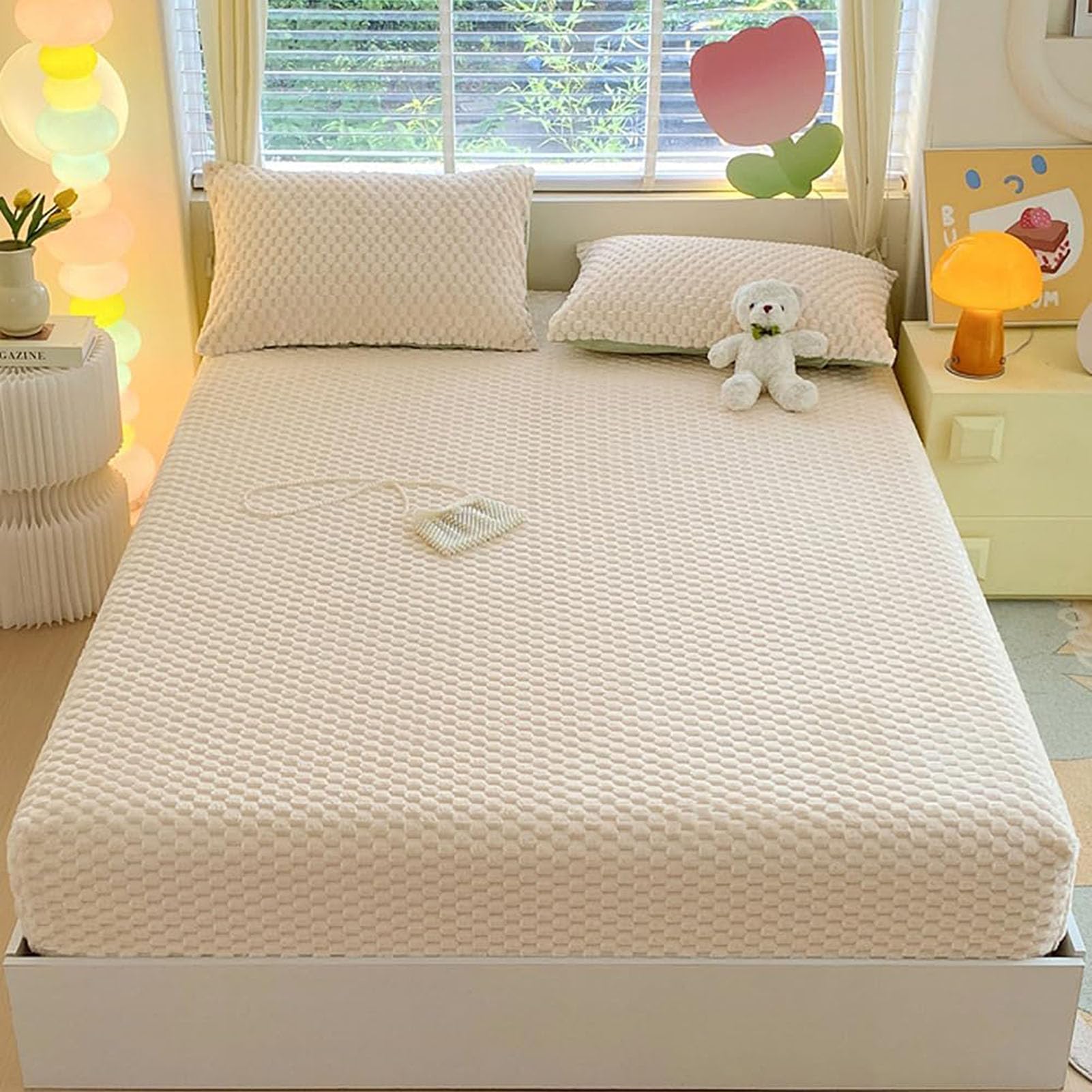 Milk Velvet Checkered Fitted Sheet Mattress Cover, Warm Thicken Mattress Protector Super Soft Bed Cover with Pillowcase Washable 15'' Deep Pocket Mattress Pad,H,Queen: 150x200cm — image 1