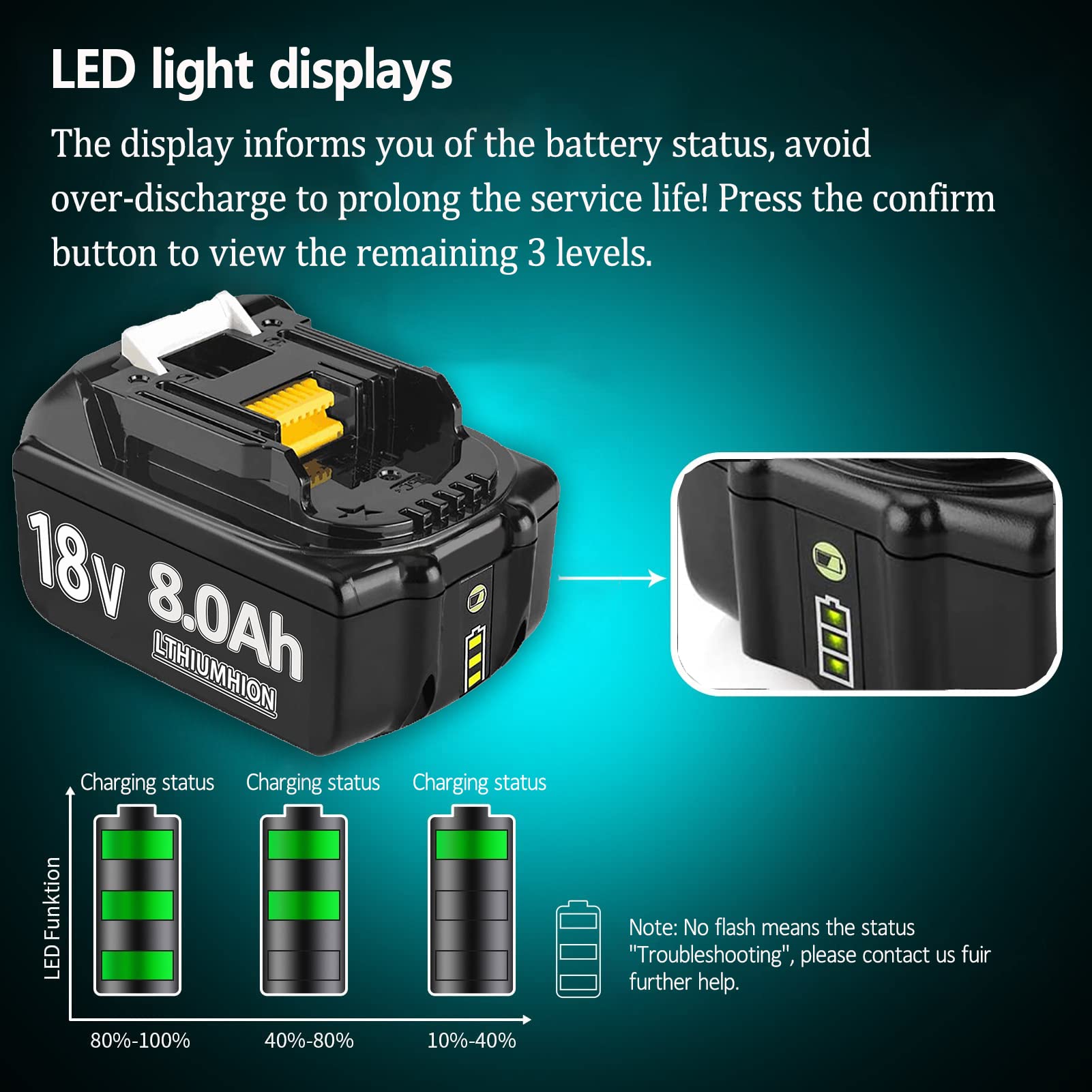 Lot De 2 Batteries 18V 8000mAh Pour Makita - Compatible BL1860B, BL1840, Chargeur DC18RE, Avec Indicateur LED