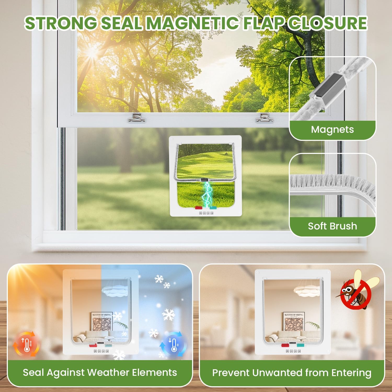 Cat Door for Window, 4 Locking Modes for Safety Cat Window Door, Fits 14"-24" Width Window, Durable Weatherproof design Cat Door, Magnetic Closure, Wider View, Pet Door With Safe & Comfortable for Cat