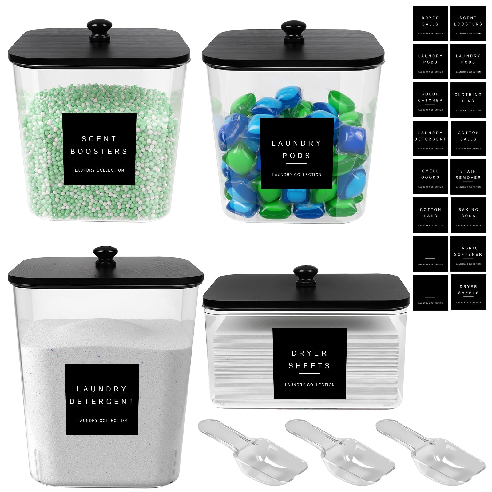 POLRAI 4 Pack Laundry Pod Containers and Dryer Sheet Holder Acrylic Jars with Bamboo Lids and Labels Laundry Room Organization Containers for Scent Booster Powder Detergent Pods Storage