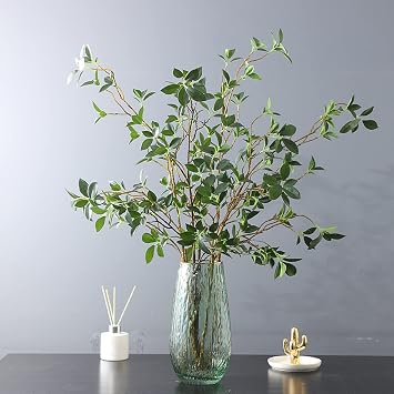 DULRLLY 3 Pcs Artificial Ficus Branches Leaf Spray, Faux Greenery Long Stems 44.5 Inch Tall Ficus Twig Fake Plastic Plant for Floral Arrangements Home Office Decor Vase Filler