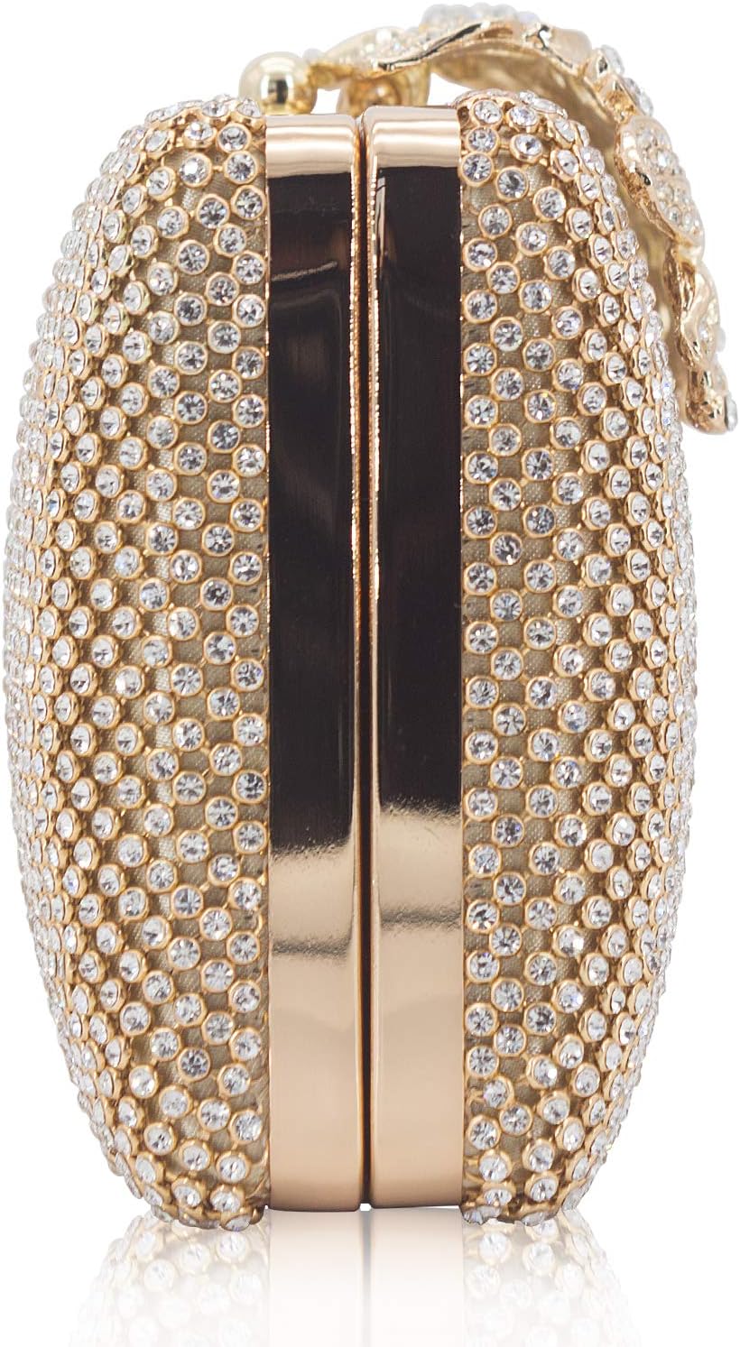 Womens Evening Bag with Flower Closure Rhinestone Crystal Clutch Purse for Wedding Party Gold - Image 8