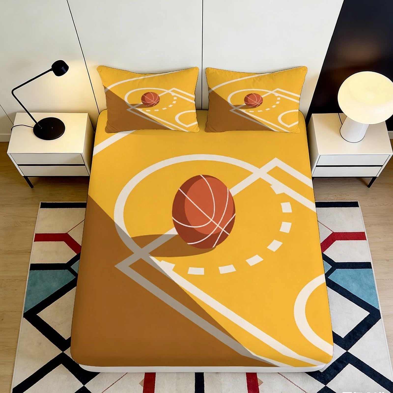 3D Printed Basketball Court Fitted Sheet Microfiber Durable Yellow Bed Cover for Bedroom Dormitory Guest Room Mattress Protection Home Decor 120x200x25cm