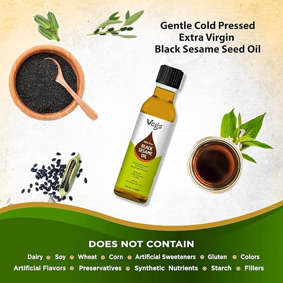 Vegs Black Sesame Oil - 100% Pure Organic Cold-Pressed Extra Black Sesame Seed Oil for Cooking, Skin, Hair, Massage, Dressing - Non-GMO, Vegan, Extra Virgin Raw Sesame Oil - 8.4 oz