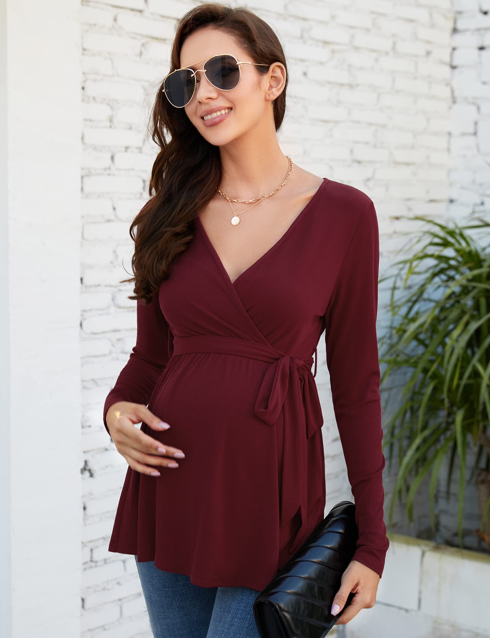 KOJOOIN Chemise d'allaitement pour Femme Chemise De Maternité Col en V À Manches Longues Hauts d'allaitement avec Ceinture Vêtements De Maternité