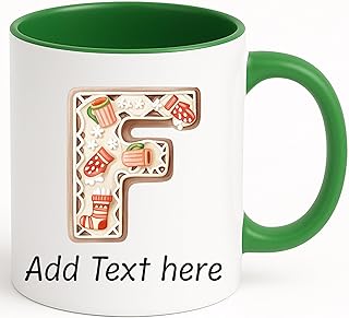 Personalized Christmas Initial Mug – Custom A-Z or 0-9 Monogram, Gingerbread Letter Design, Add Name or Date, 11oz Ceramic Cup, Dishwasher Safe Holiday Gift (Green)