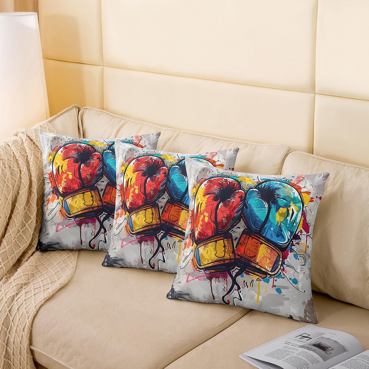 Sports Boxing Pillow Cover Colorful Street Graffiti Style Pillow Case for Kids Teens Adults Modern Competition Cushion Cover for Living Room Boxing Gloves Pillowcase 18x18 Inch image 4
