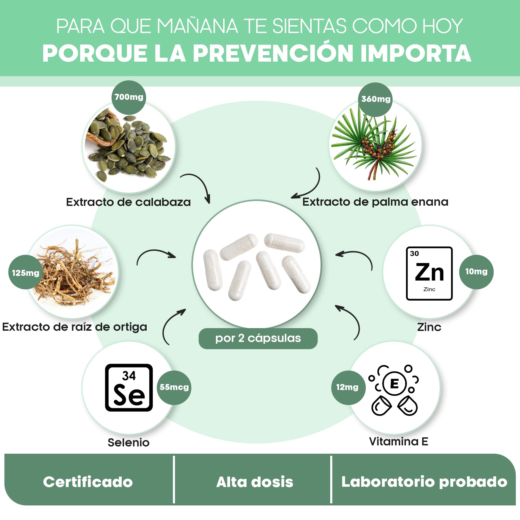 Prosta Plus Complex - 180 cápsulas de próstata en dosis altas, fórmula única de semillas de calabaza, palma enana americana, extracto de raíz de ortiga con zinc, vitamina E y selenio - Cápsulas