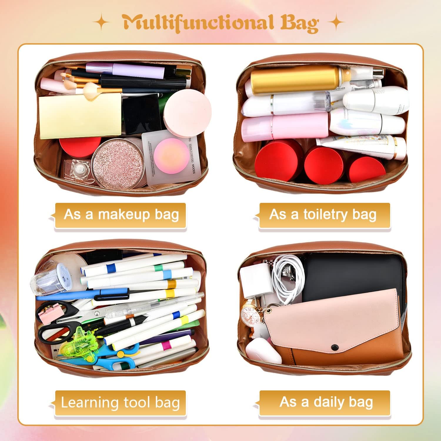 rlokosfb Portable Makeup Bag Opens Flat for Easy Access,Waterproof Large Cosmetic Bag Toiletry Bag,Travel Accessories Case Organizer Overnight Bag for Cosmetics,Toiletries,Daily Use (Brown, Medium)